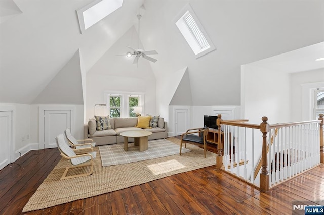 30 Hillcrest Ter, Verona, NJ 07044 - living area with a skylight, hardwood / wood-style floors, vaulted ceiling, and a ceiling fan