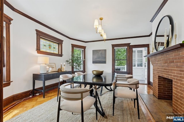 30 Hillcrest Ter, Verona, NJ 07044 - dining area with ornamental molding and a brick fireplace
