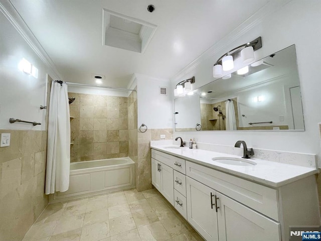 6106 City Pl Unit 6-106, Edgewater, NJ 07020 - bathroom with tile walls, double vanity, ornamental molding, and shower / bath combination with curtain