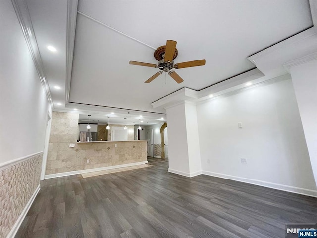 6106 City Pl Unit 6-106, Edgewater, NJ 07020 - unfurnished living room featuring ceiling fan, dark wood-type flooring, ornamental molding, recessed lighting, and arched walkways