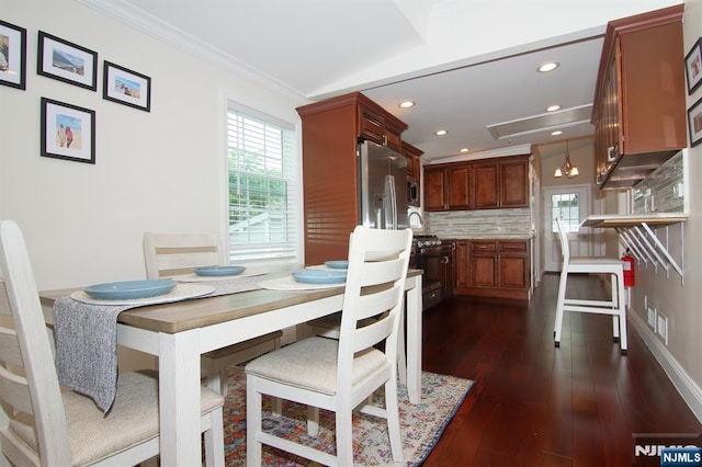 62 Rivervale Rd, Park Ridge, NJ 07656 - dining room featuring recessed lighting, dark wood-style floors, and crown molding
