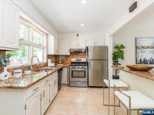 100 Darling Ave, Bloomfield, NJ 07003 - kitchen with appliances with stainless steel finishes, under cabinet range hood, light stone counters, white cabinetry, and recessed lighting