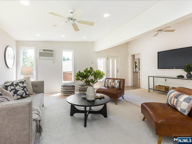 100 Darling Ave, Bloomfield, NJ 07003 - living room with light carpet, an AC wall unit, ceiling fan, and recessed lighting