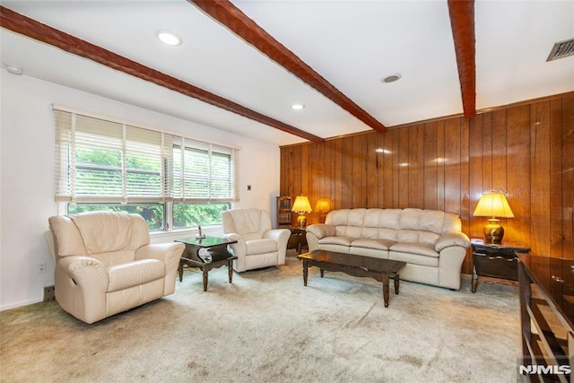 6 Rutgers Pl, Clifton, NJ 07013 - living area featuring beam ceiling, wood walls, and light colored carpet