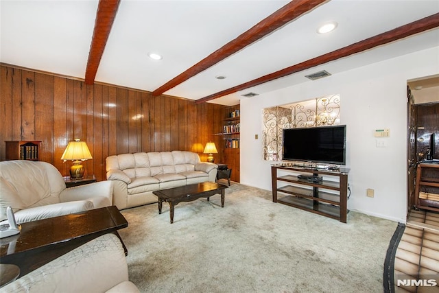 6 Rutgers Pl, Clifton, NJ 07013 - living room featuring beam ceiling, wooden walls, and carpet floors