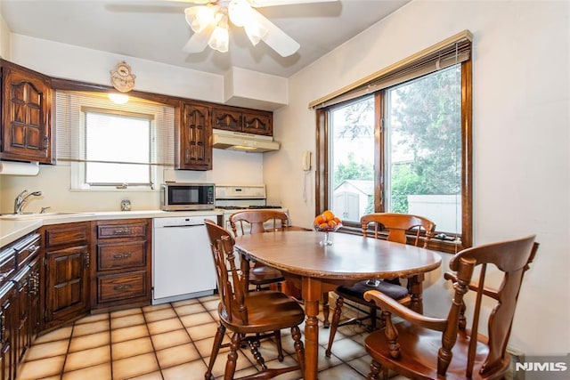 6 Rutgers Pl, Clifton, NJ 07013 - kitchen with white dishwasher, stainless steel microwave, ceiling fan, under cabinet range hood, and light countertops