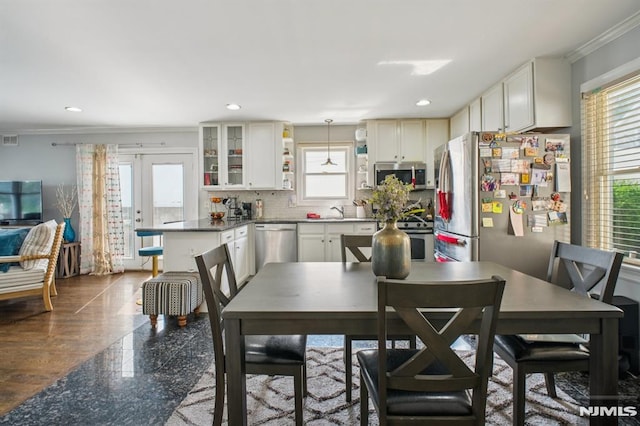 286 State Rt 17, Rutherford, NJ 07070 - dining space featuring crown molding, healthy amount of natural light, recessed lighting, and granite floors