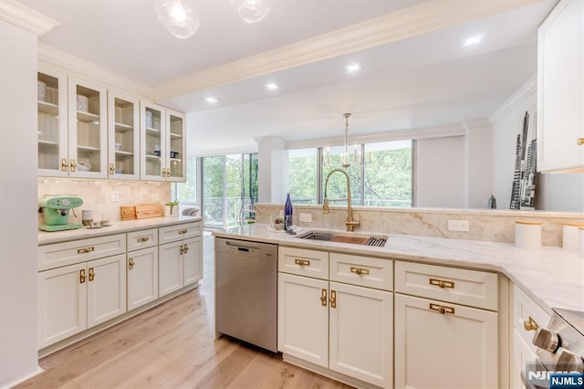 1 Claridge Dr Unit 418, Verona, NJ 07044 - kitchen featuring stainless steel dishwasher, backsplash, light wood-style floors, pendant lighting, and white cabinets