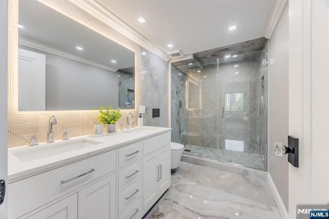 1 Claridge Dr Unit 418, Verona, NJ 07044 - bathroom featuring double vanity, a marble finish shower, crown molding, marble tiled flooring, and recessed lighting