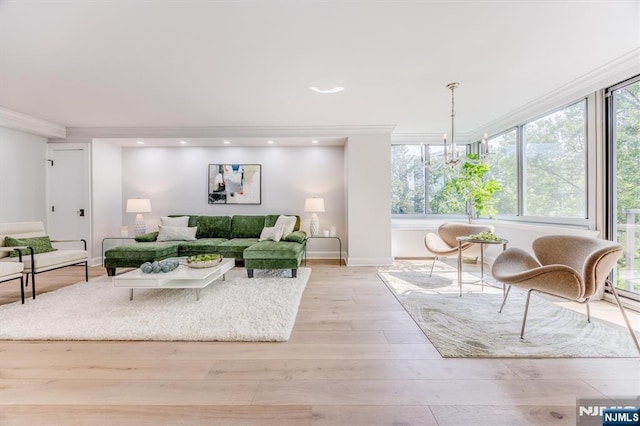 1 Claridge Dr Unit 418, Verona, NJ 07044 - living area featuring light wood-type flooring, crown molding, recessed lighting, and a chandelier