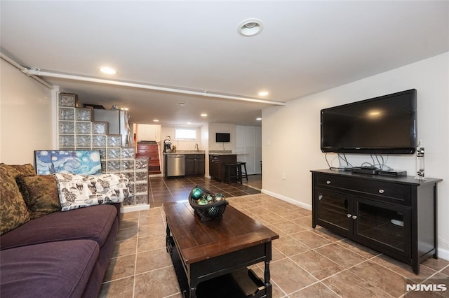 71 Pickens St, Little Ferry, NJ 07643 - living room featuring dark tile patterned flooring and recessed lighting