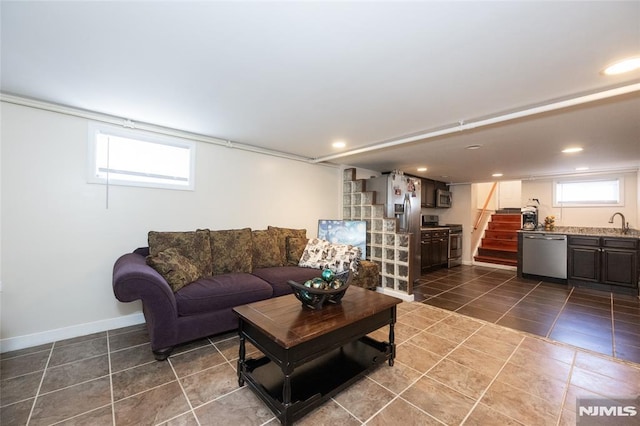 71 Pickens St, Little Ferry, NJ 07643 - living area with stairway, dark tile patterned floors, and recessed lighting