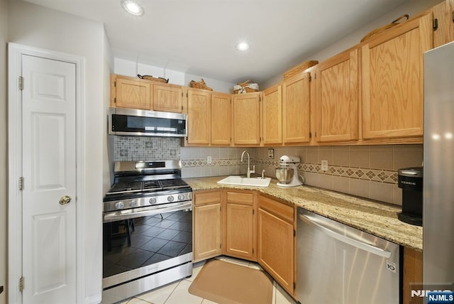 92 Maple Ln Unit 3021, Mount Arlington Boro, NJ 07856 - kitchen with stainless steel appliances, light tile patterned flooring, decorative backsplash, light brown cabinets, and recessed lighting