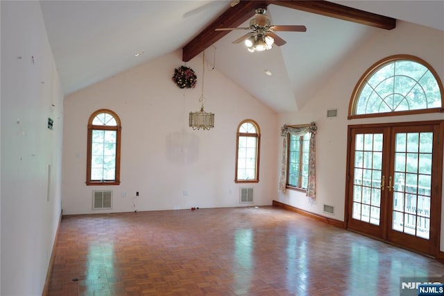 106 Prescott St, Demarest, NJ 07627 - empty room featuring high vaulted ceiling, ceiling fan, beam ceiling, plenty of natural light, and french doors