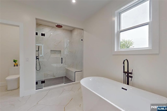 415 Bailey Rd, Paramus, NJ 07652 - bathroom with a soaking tub, marble finish flooring, a marble finish shower, and recessed lighting