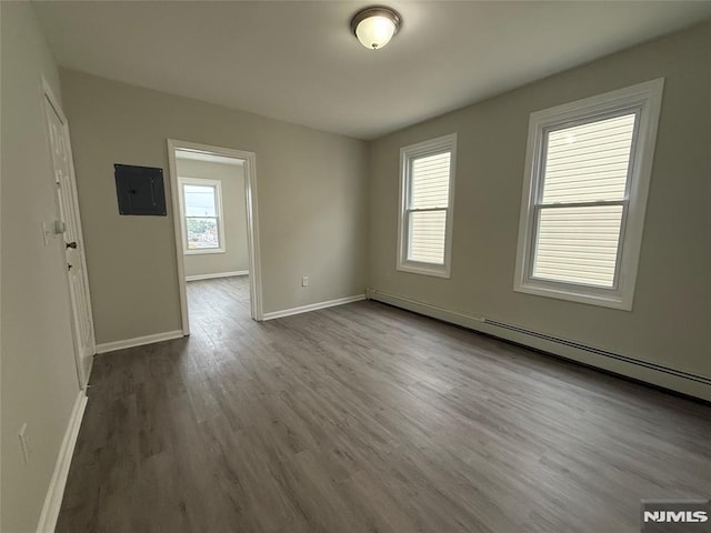 1 9th Ave, East Orange, NJ 07018 - spare room with electric panel, a baseboard heating unit, and dark wood finished floors