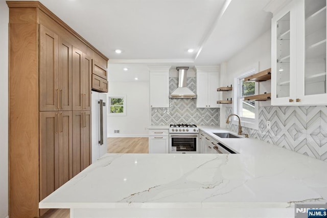 26 Lake, North Haledon, NJ 07508 - kitchen featuring premium range hood, premium appliances, open shelves, light stone counters, and backsplash