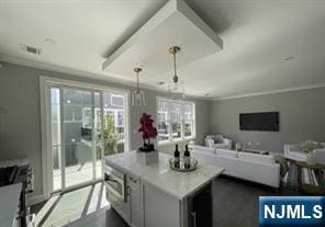 25 Division St Unit 403, Cresskill, NJ 07626 - kitchen with hanging light fixtures, gas stove, open floor plan, dark wood-type flooring, and light countertops
