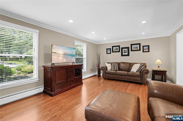 8 Fieldstone Dr, Kinnelon Borough, NJ 07405 - living room featuring a baseboard heating unit, light wood finished floors, healthy amount of natural light, crown molding, and recessed lighting