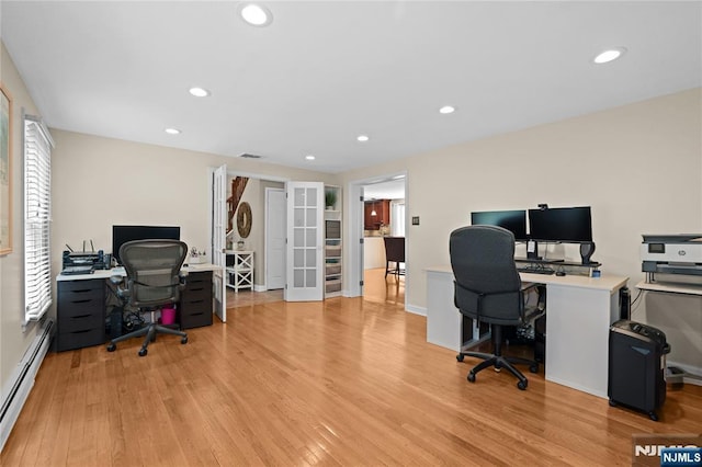 8 Fieldstone Dr, Kinnelon Borough, NJ 07405 - office space with baseboard heating, light wood-type flooring, french doors, and recessed lighting