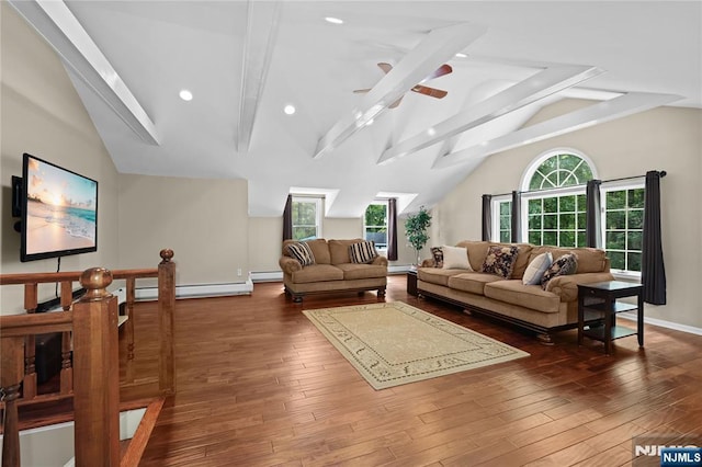 8 Fieldstone Dr, Kinnelon Borough, NJ 07405 - living room with baseboard heating, wood finished floors, recessed lighting, ceiling fan, and a baseboard radiator