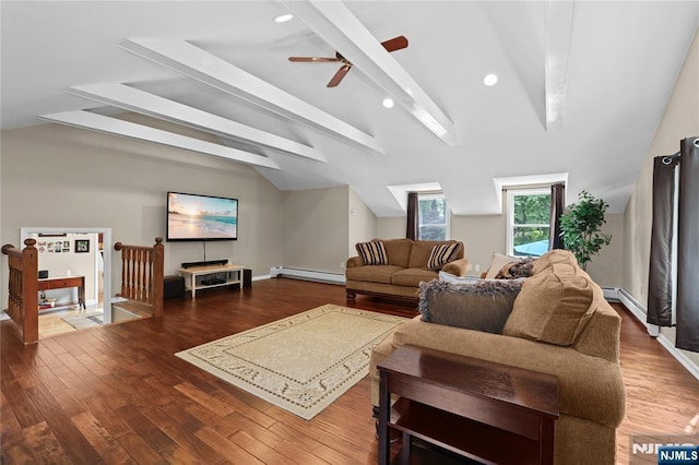 8 Fieldstone Dr, Kinnelon Borough, NJ 07405 - living area featuring a baseboard radiator, wood finished floors, ceiling fan, and recessed lighting