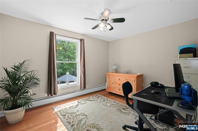8 Fieldstone Dr, Kinnelon Borough, NJ 07405 - office area featuring a baseboard heating unit, a ceiling fan, and wood finished floors