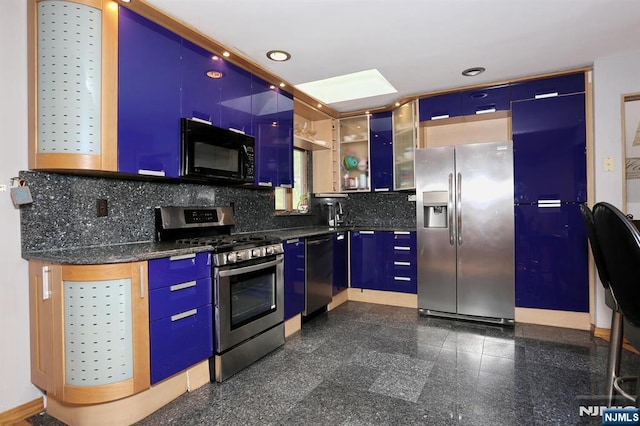 39-23 Pershing St, Fair Lawn, NJ 07410 - kitchen with stainless steel appliances, dark countertops, granite floors, tasteful backsplash, and open shelves