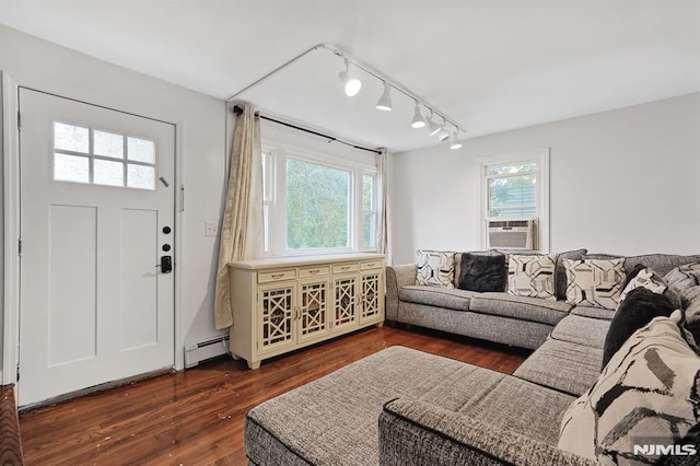 2 Ann St, Bloomingdale, NJ 07403 - living room featuring a baseboard heating unit, rail lighting, hardwood / wood-style flooring, and cooling unit