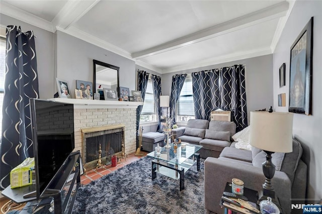 116 Berkeley Ave, Bloomfield, NJ 07003 - tiled living area with a brick fireplace, beamed ceiling, and ornamental molding