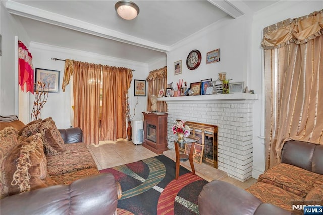 116 Berkeley Ave, Bloomfield, NJ 07003 - living room with a brick fireplace, crown molding, and tile patterned flooring