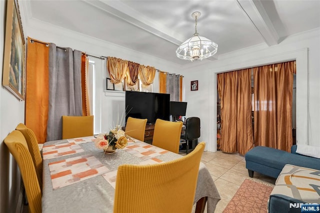 116 Berkeley Ave, Bloomfield, NJ 07003 - dining room with a chandelier, beamed ceiling, and tile patterned floors
