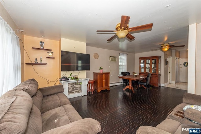 23 Preston St, Ridgefield Park, NJ 07660 - living area featuring a wall mounted AC, hardwood / wood-style flooring, a ceiling fan, and baseboard heating