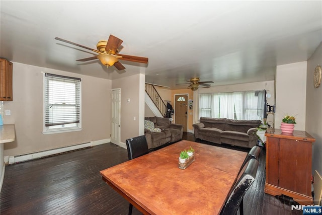 23 Preston St, Ridgefield Park, NJ 07660 - dining area featuring a baseboard radiator, a ceiling fan, stairway, and dark wood-style floors