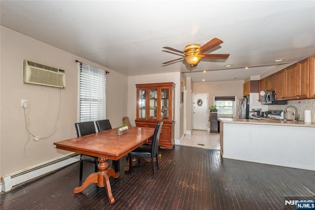 23 Preston St, Ridgefield Park, NJ 07660 - dining space featuring a baseboard radiator, a wall mounted AC, ceiling fan, hardwood / wood-style floors, and recessed lighting