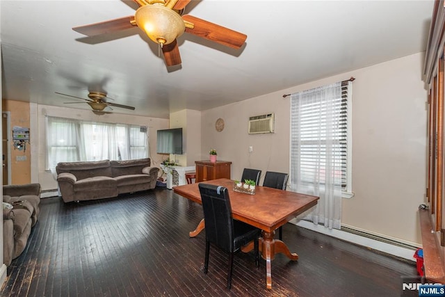 23 Preston St, Ridgefield Park, NJ 07660 - dining space featuring a baseboard heating unit, ceiling fan, a wall mounted AC, and hardwood / wood-style floors
