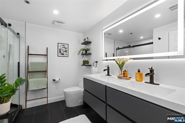 207 Jefferson Ct, Edgewater, NJ 07020 - full bathroom with double vanity, a stall shower, tile patterned flooring, and recessed lighting