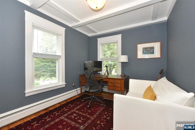 4 4th St, Park Ridge, NJ 07656 - home office with a baseboard heating unit, beam ceiling, and wood finished floors