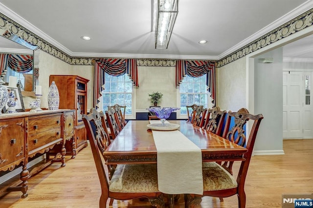 11 Katharina Pl, Twp Of Washington, NJ 07676 - dining room with crown molding, light wood-style floors, recessed lighting, and wallpapered walls
