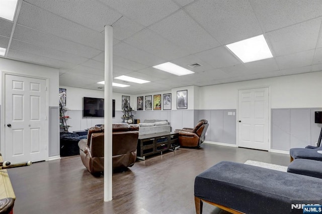 11 Katharina Pl, Twp Of Washington, NJ 07676 - living area featuring a drop ceiling, wood finished floors, and a wainscoted wall