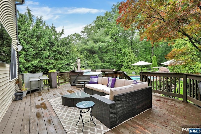 11 Katharina Pl, Twp Of Washington, NJ 07676 - wooden terrace featuring an outdoor hangout area and view of wooded area
