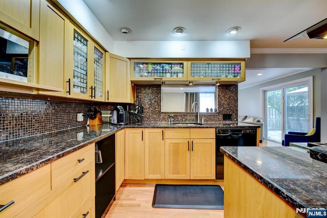 139 Donato Dr, Little Falls, NJ 07424 - kitchen featuring dishwasher, light brown cabinets, light wood-style flooring, dark stone countertops, and backsplash