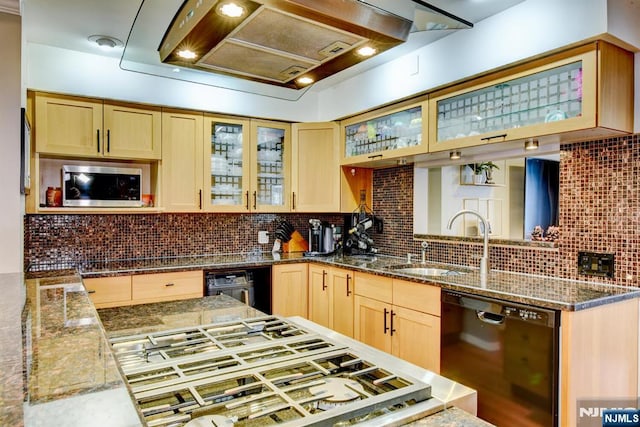 139 Donato Dr, Little Falls, NJ 07424 - kitchen featuring dishwasher, stainless steel microwave, premium range hood, light brown cabinets, and tasteful backsplash