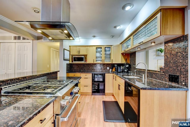 139 Donato Dr, Little Falls, NJ 07424 - kitchen featuring stainless steel appliances, extractor fan, decorative backsplash, and ornamental molding