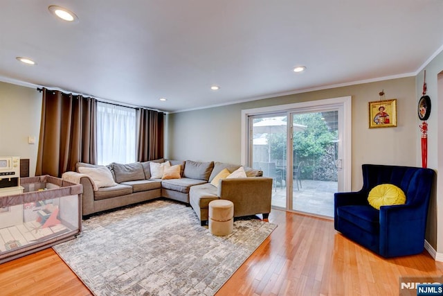 139 Donato Dr, Little Falls, NJ 07424 - living room with crown molding, light wood finished floors, and recessed lighting