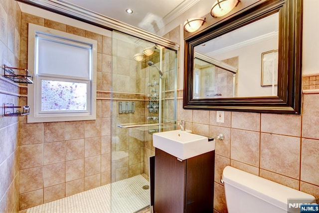 139 Donato Dr, Little Falls, NJ 07424 - full bathroom with ornamental molding, tile walls, a shower stall, vanity, and recessed lighting
