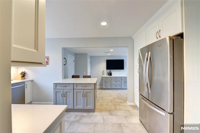 306 Boulevard, Pequannock Township, NJ 07444 - kitchen with stainless steel appliances, white cabinetry, gray cabinets, light tile patterned floors, and recessed lighting