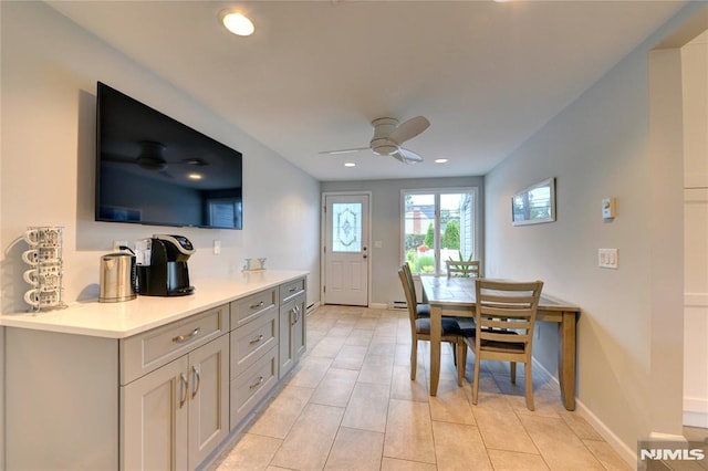 306 Boulevard, Pequannock Township, NJ 07444 - kitchen featuring ceiling fan, light countertops, gray cabinetry, light tile patterned floors, and recessed lighting