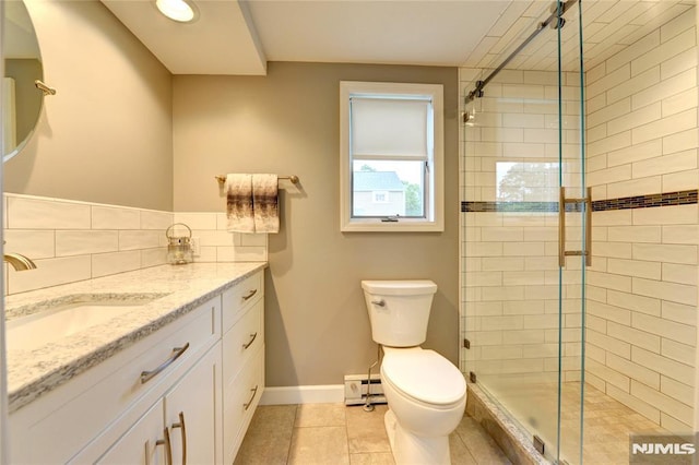 306 Boulevard, Pequannock Township, NJ 07444 - bathroom featuring a baseboard heating unit, vanity, a stall shower, tile patterned floors, and recessed lighting
