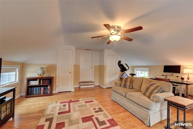 306 Boulevard, Pequannock Township, NJ 07444 - living room with a ceiling fan, lofted ceiling, and light wood-type flooring